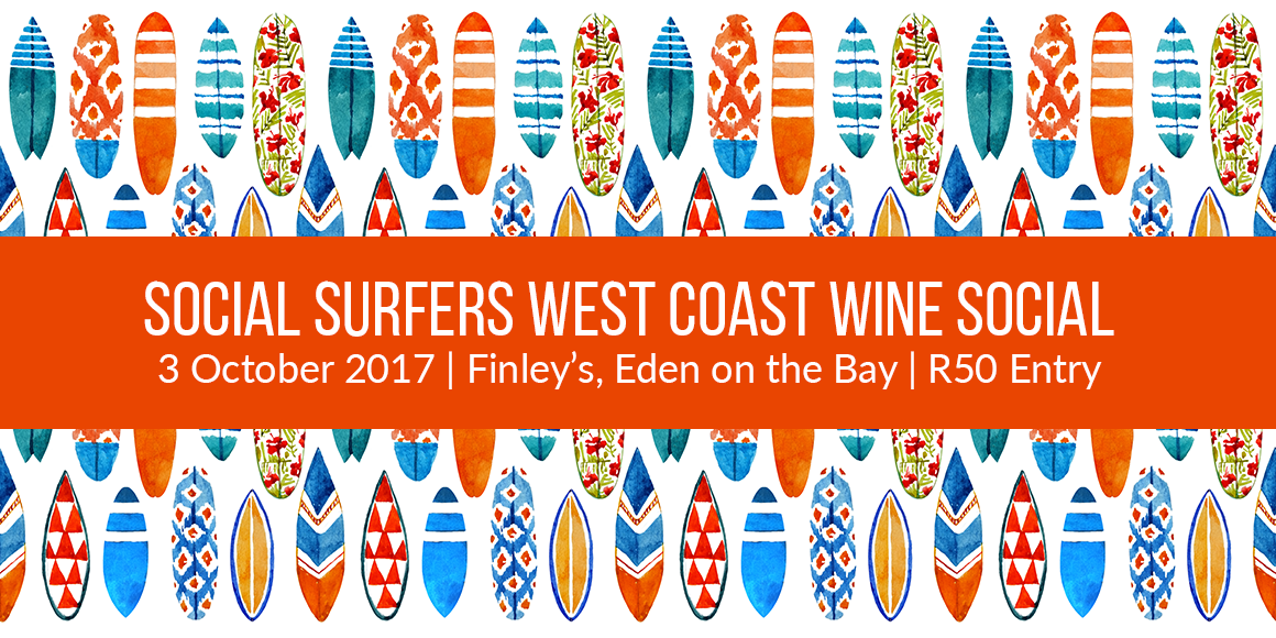 Colorful surfboard illustrations surround an orange banner announcing the "Social Surfers West Coast Wine Social" event at Finley’s, Eden on the Bay, on 3 October 2017, with an entry fee of R50.