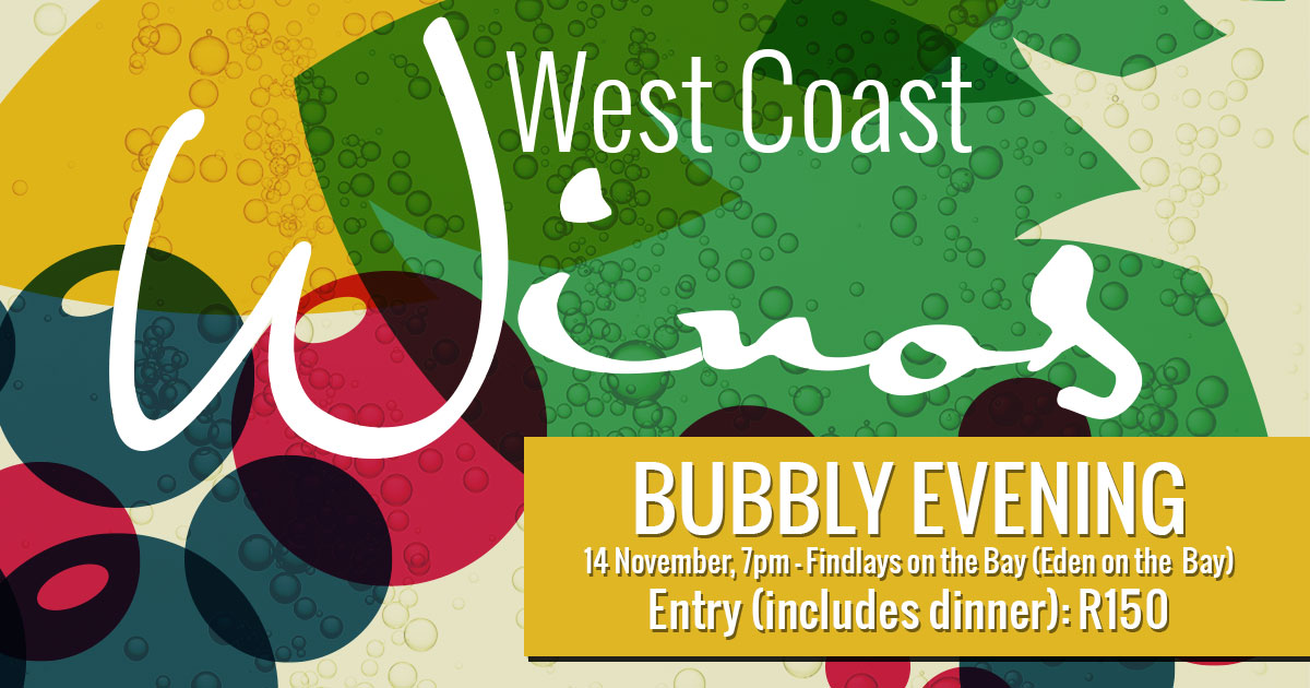 Colorful promotional poster for the West Coast Wines Bubbly Evening event featuring a vibrant abstract design with bubbles.