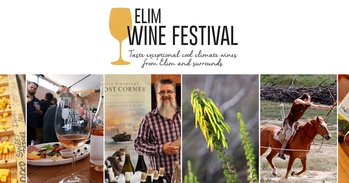 Collage for Elim Wine Festival showcasing cool climate wines, with images of people tasting wine, local flora, and a horseback archer.