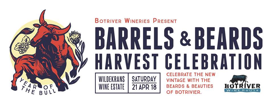 Promotional banner for Barrels & Beards Harvest Celebration by Botriver Wineries, featuring a stylized red bull and event details.