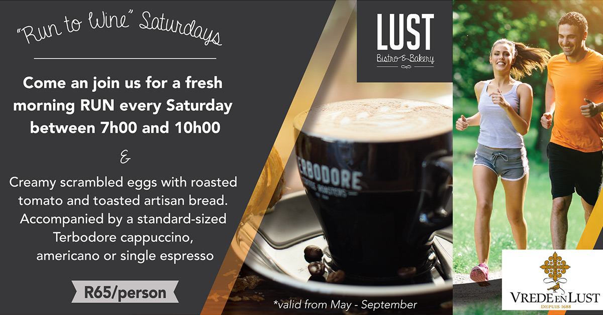 Promotional image for 'Run to Wine' Saturdays at Lust Bistro & Bakery, featuring running, coffee, and breakfast.