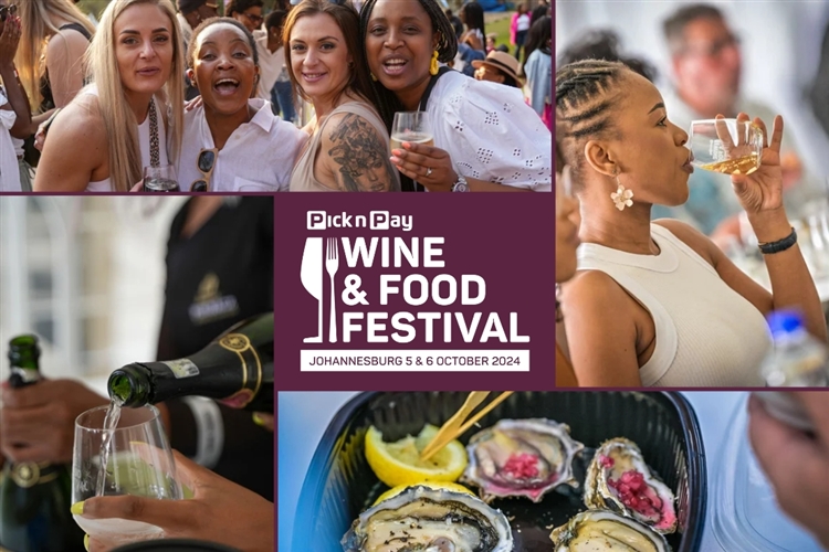 Collage-style promotional poster for the Pick n Pay Wine & Food Festival in Johannesburg on October 5-6, 2024, showing people enjoying wine, food, and social moments.